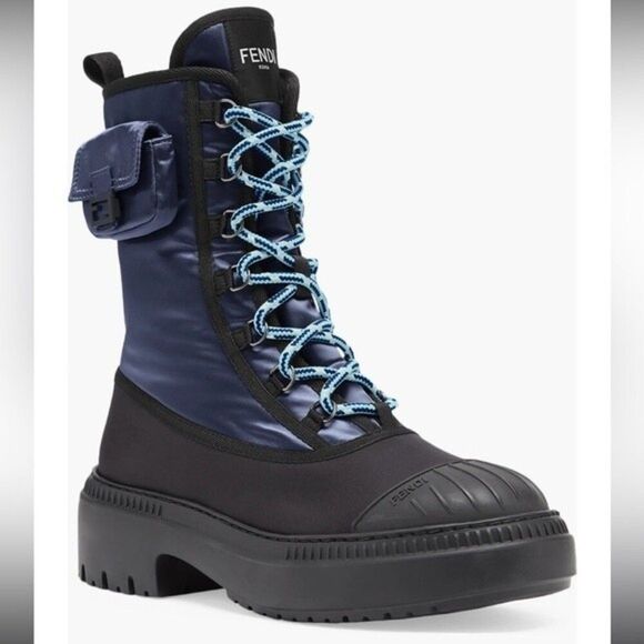 Fendi Baguette Domino Nylon Biker Lace Up Boots EU 38 US 8 in Blue/ Black - Picture 4 of 10